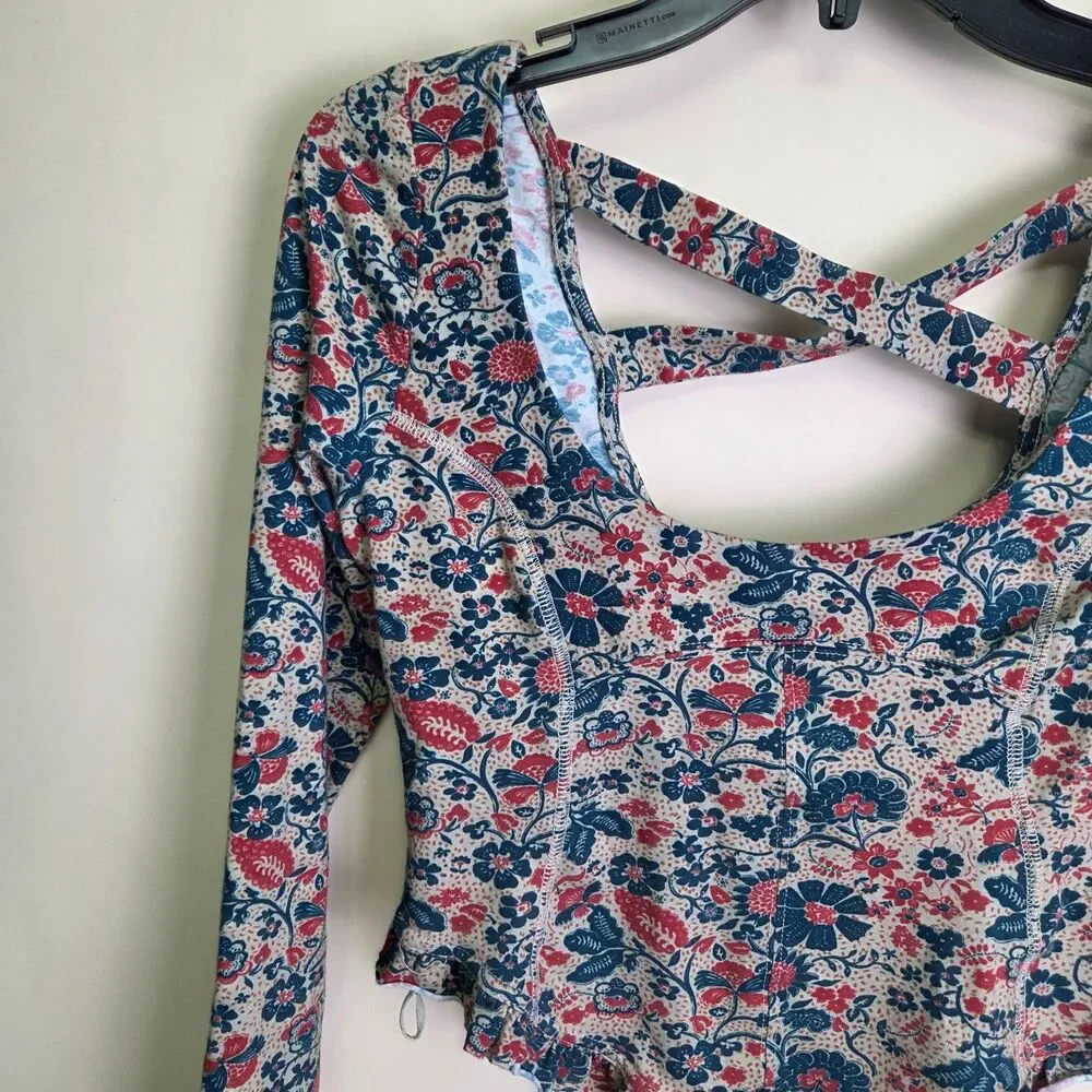 Free People Melanie Long Sleeve Floral Print Crop Top Cross Back Size Small